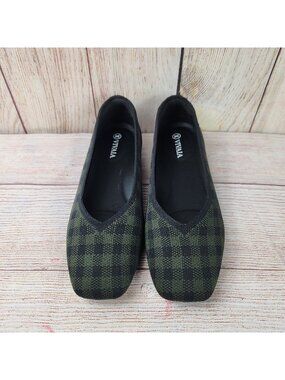 Vivaia Margot 2.0 Square Toe V-Cut Flats Size US 6 EUR 36.5 Ballet Green Plaid